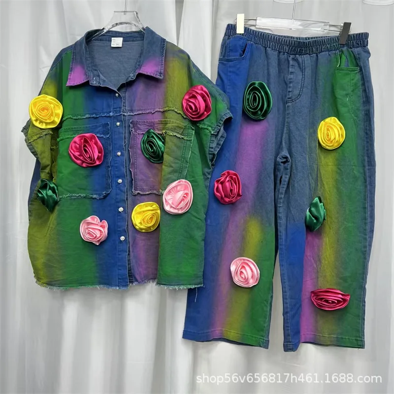 

Spring Woman Hand Paint Splash 3D Flowers Denim Shirts Female Floral Jeans Blouses Cowboy Tops + Elastic Waist Shorts 2Pcs Set