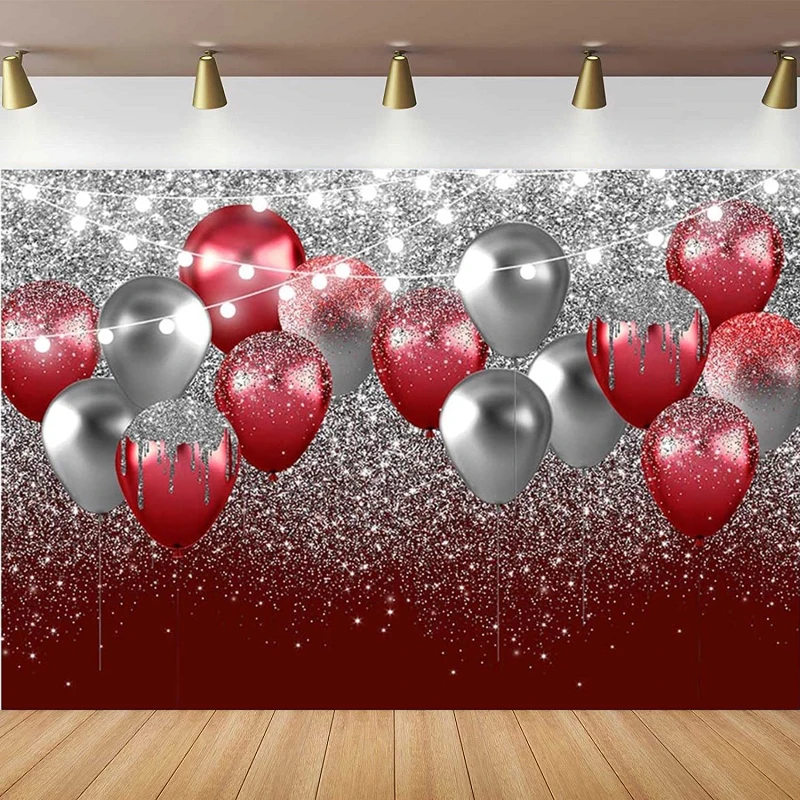 Photography Backdrop For Birthday Party Decoration Wedding Bridal Shower Burgundy Red Silver Glitters Balloons Photo Background