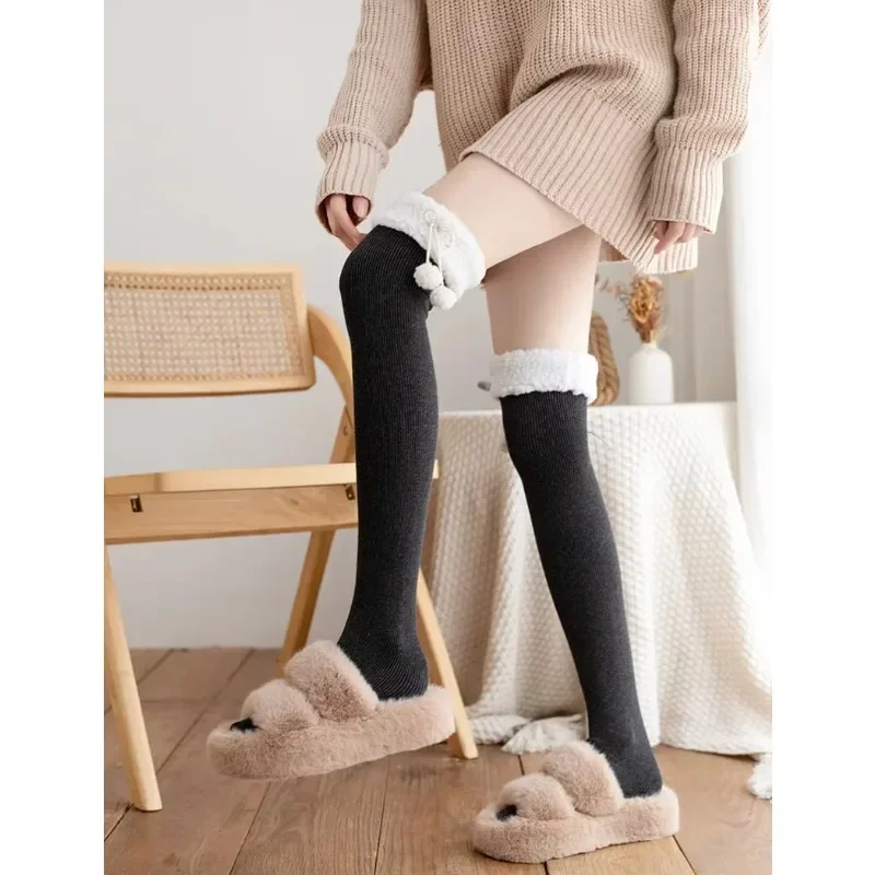 1 Pair Lamb Fleece Knee Length Stockings with Added Fleece in Autumn and Winter Japanese JK Socks Cute Wool Ball Calf Socks