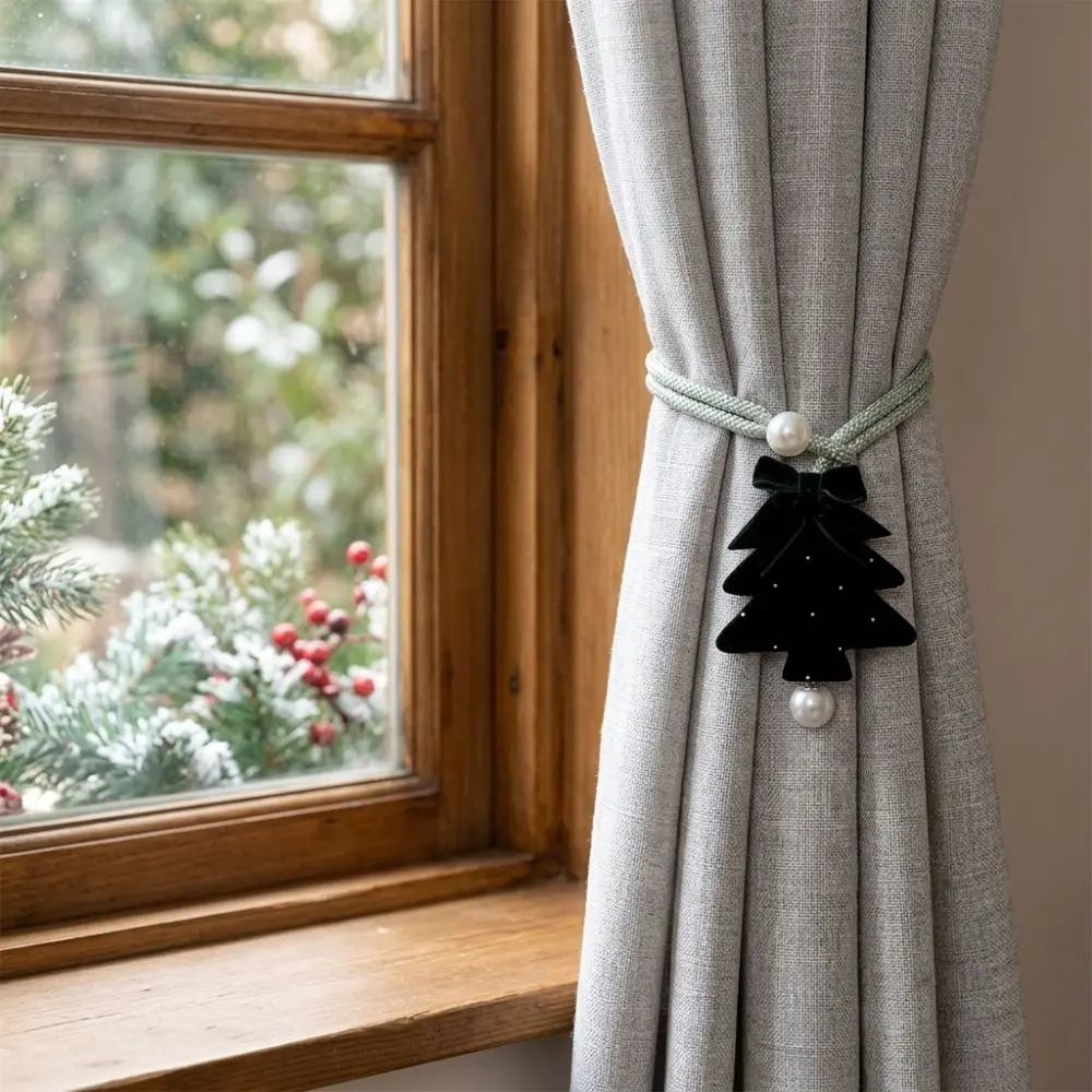 2Pcs Adjustable Christmas Tree Curtain Tieback Braided Cord Shape-Retentive Velvet Tree Curtain Strap Pearl Bow
