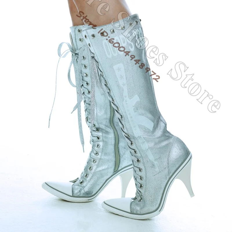 Metallic Gold Knee High Boots Pointed Toe Stiletto Heel Glitter Letter Print Top Rivets Silver Glitter Lace Up Back Zipper Boots