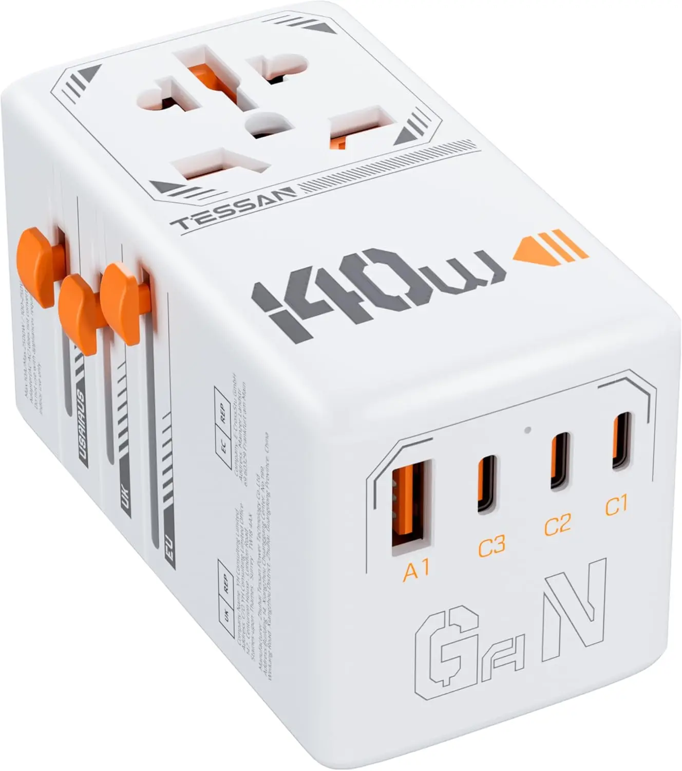 140W GaN Universal Travel adapter, plug adapter with 1 USB A and 3 USB C charging ports, worldwide power outlet