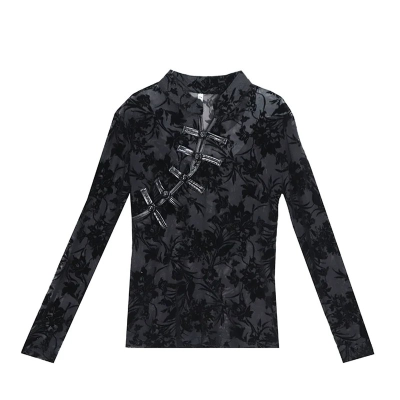 Shirts and Blouses Fashion Lace Woman 2024 Long Sleeve Slim Chinese Turtleneck Black Sexy Top for Women See Through Y2k 11350