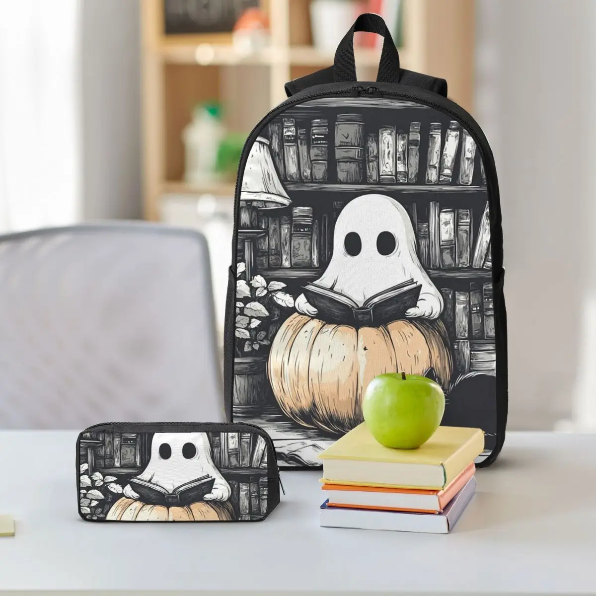 Cute Ghost Reading Books Design Backpack Student BookBag School Bag Shoulder Bags 3ps Insulated Lunch Bag Pencil Case