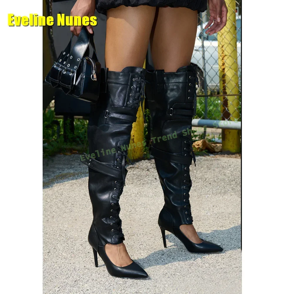 Black Cross Tied Belt Buckle Gladiator Pointed Toe Stiletto Cut Out Zipper Closure Women Fashion Over The Knee Boots 2025 Trend
