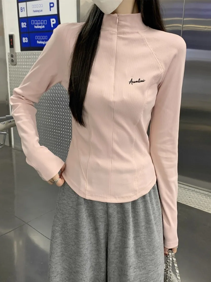 

Американская женская футболка с длинным рукавом и воротником-стойкой, розовая, приталенная, для весны и осени, базовая модель, в корейском стиле, для повседневной носки