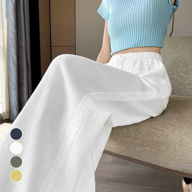 High Waist Wide Leg Pants Women's Summer New Ice Silk Casual Floor-Length Linen Pants Thin Cotton Polyester Blend