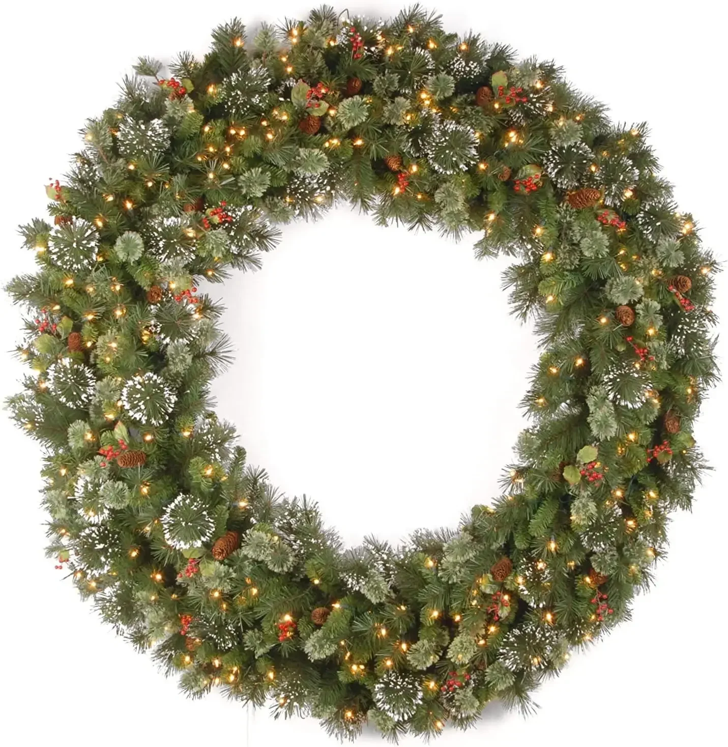 

Pre-Lit Artificial Christmas Wreath, Wintry Pine White Lights Decorated with Pine Cones Berry Clusters Frosted Branches 60 In