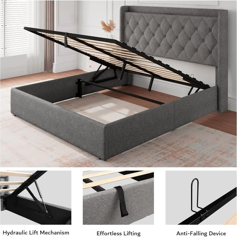 Cama Queen Size Frame com estação de carregamento, plataforma estofada, cabeceira adornada, armazenamento hidráulico