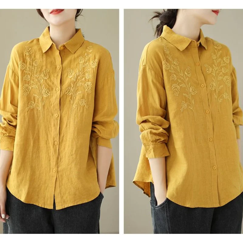 2023 Spring/Summer New Vintage Embroidery Turn-down Collar Indie Folk Loose and Slim Long Sleeve Linen Leisure Female Shirt