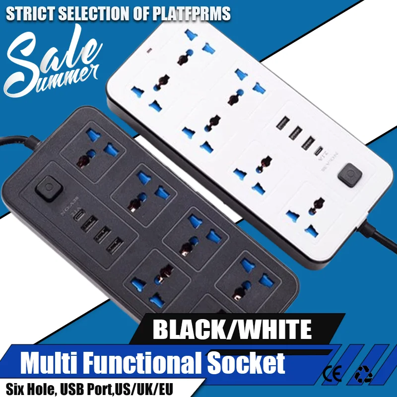 Power Multi Tap Universal Plug EU US UK AC Outlet Power Strip with Extension Cord Type C USB Port Charge Electrical Socket