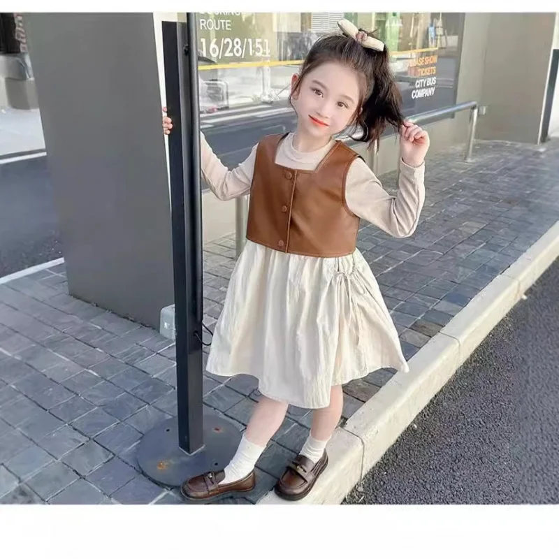 Hnq-Children's Two-Piece Suit Autumn GirlsPUVest+Long Sleeve Dress Two-Piece Set3-8Children's Clothing One Piece Dropshipping