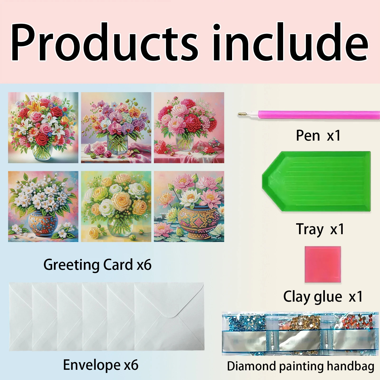6-piece DIY diamond painting greeting card with envelope, wishes and wishes, floral theme unique design view 6