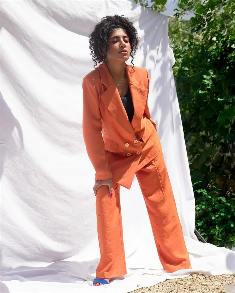 Costume Orange à la mode pour femmes, ensemble de bureau 2 pièces, Blazer + pantalon ajusté, sur mesure, robe de bal d'affaires formelle à Double boutonnage