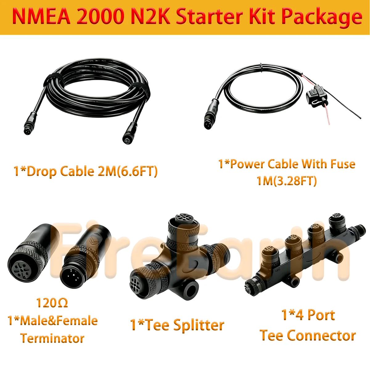 NMEA 2000 Starter Kit Marine Grade Backbone Drop Cable T Connector 4 Port Tee Terminators Power Cable for Garmin Lowrance Simrad