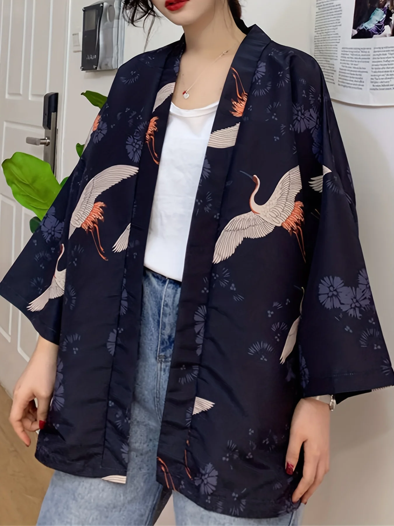 Japanese Zefeng loose seven-point sleeved Tsuru Haji Cardigan Japanese modified Hanfu Tang Dress kimono shawl Thin coat Role Pla