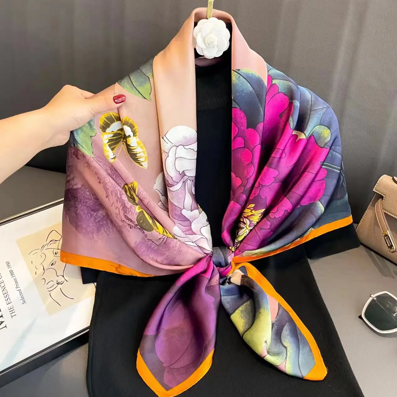 Spring Scarf Women\'s Luxury Design Scarf Silk Smooth Scarf Soft Muslim Headband Shawl Beach 110x110cm