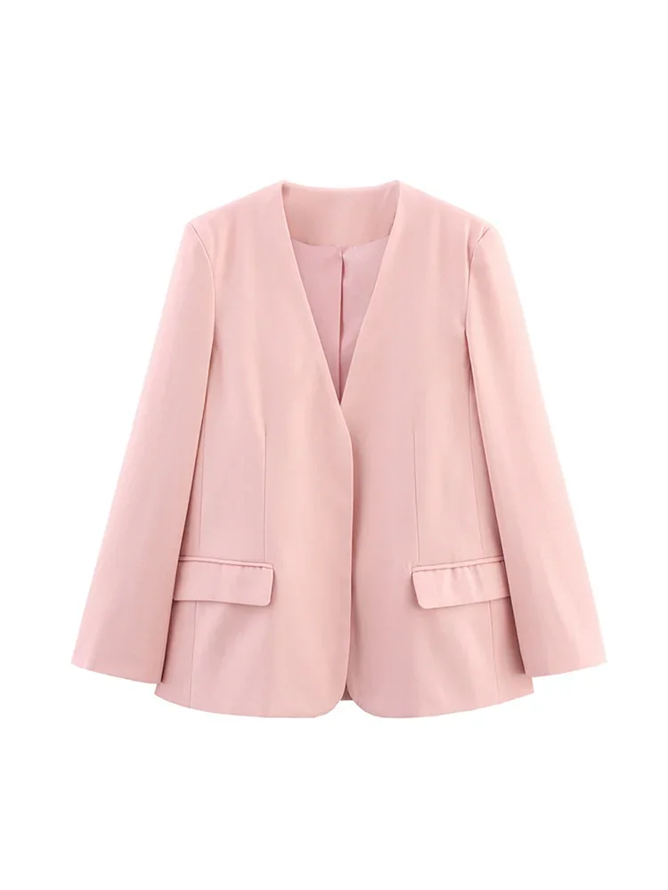 

Chic Pink Oversized Blazer Coat Women V Neck Open Long Sleeve Lady Jackets 2025 Spring Autumn New Elegant High Street Outwears