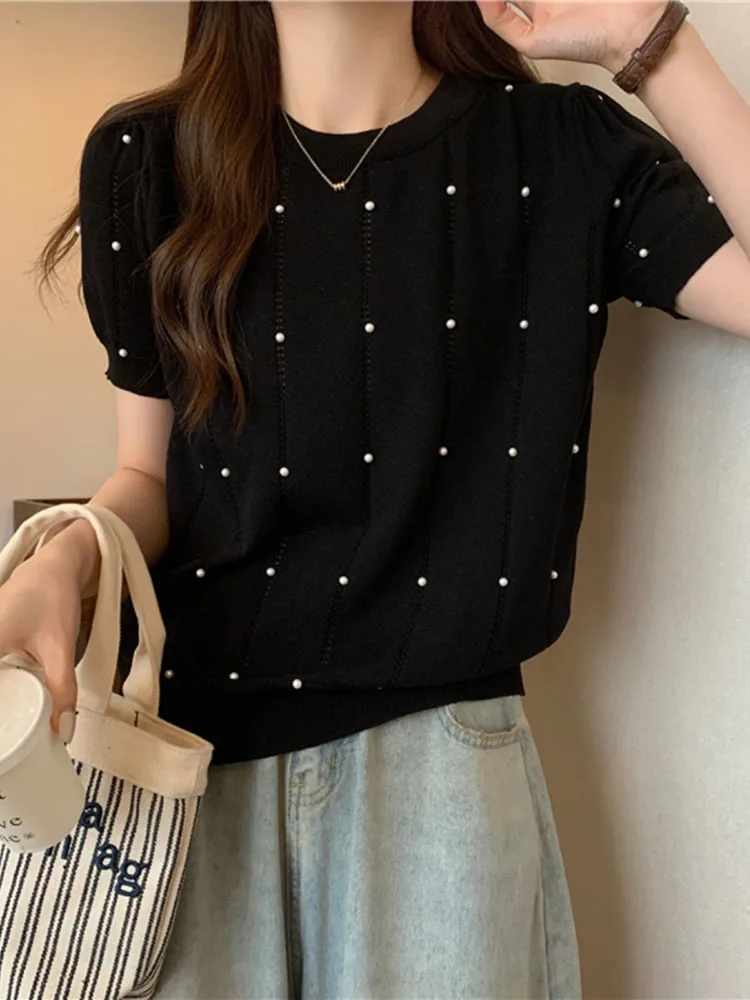 เสื้อสเวตเตอร์แขนสั้นสำหรับผู้หญิงใส่ในฤดูร้อนเสื้อถักแบบสวมหัวคอกลมทรงสลิม2024