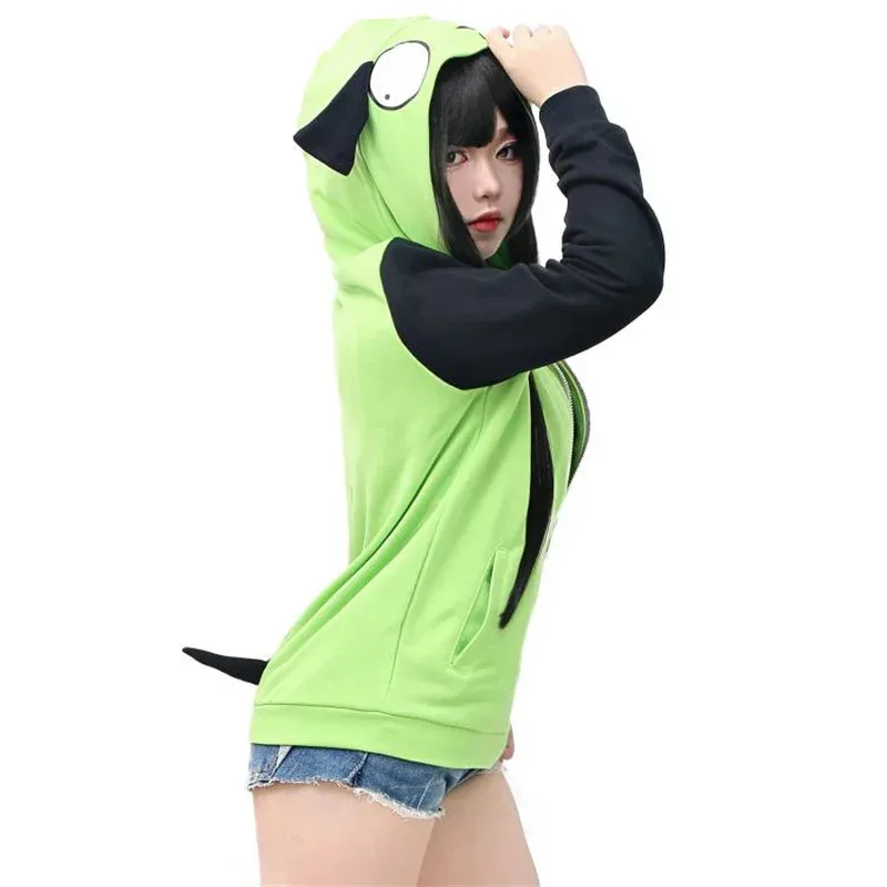 Invader Cosplay Zim Hoodie Kostum Halloween Kasual Berkerudung Zip Up Jaket Pullover Kaus dengan Telinga untuk Kostum Halloween