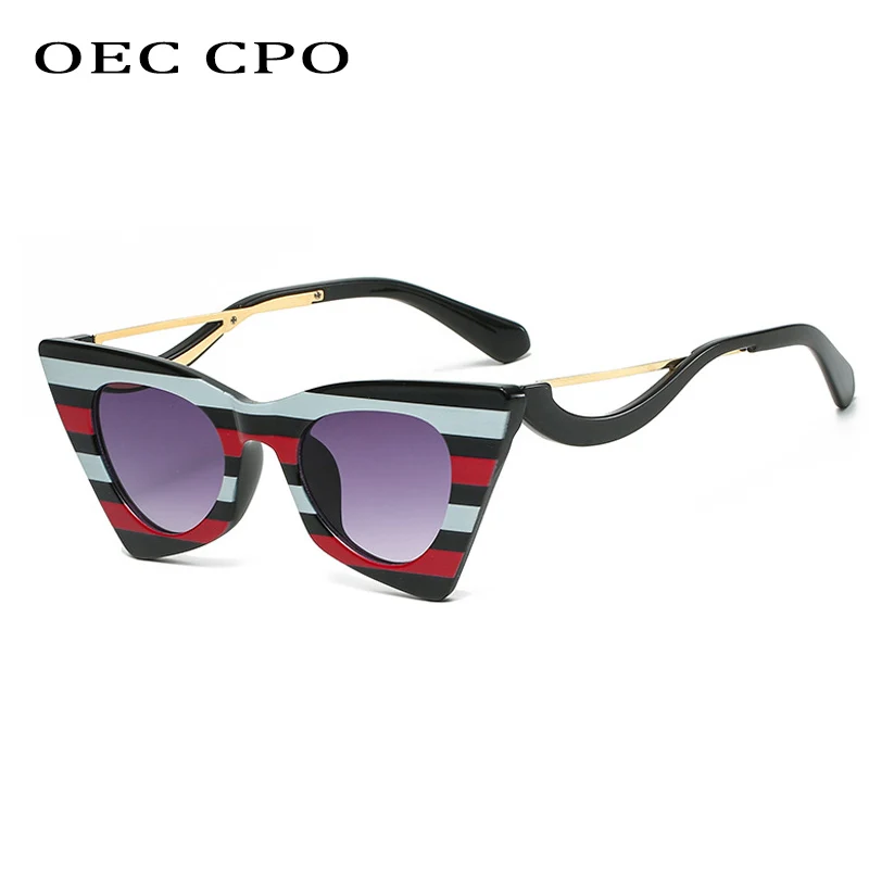 OEC CPO Ladies Stripe Cat Eye Sunglasses Women Trendy Punk Sun Glasses Female Fashion Shades Colorful Eyewear Personality UV400