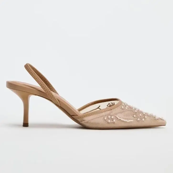 2026 Frühjahr/Sommer Neue Damenschuhe Champagner Chinesische Stickerei Mesh Perlen Spitze High Heels Dünne Absätze Baotou