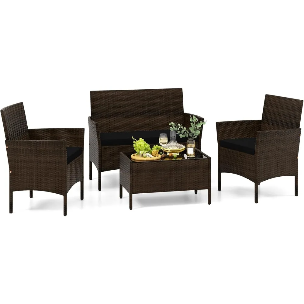 

4 Piece Patio Rattan Conversation Set, Outdoor Wicker Furniture Set with Chair, Loveseat & Tempered Glass Table, Cozy Seat Cush