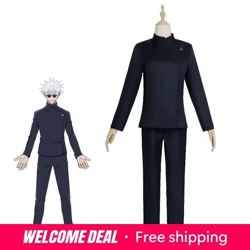 Costume cosplay di Gojo Satoru, ispirato all’anime Jujutsu Kaisen, composto da uniforme scolastica e parrucca, set completo per travestimenti, ideale per feste di Halloween e carnevali.