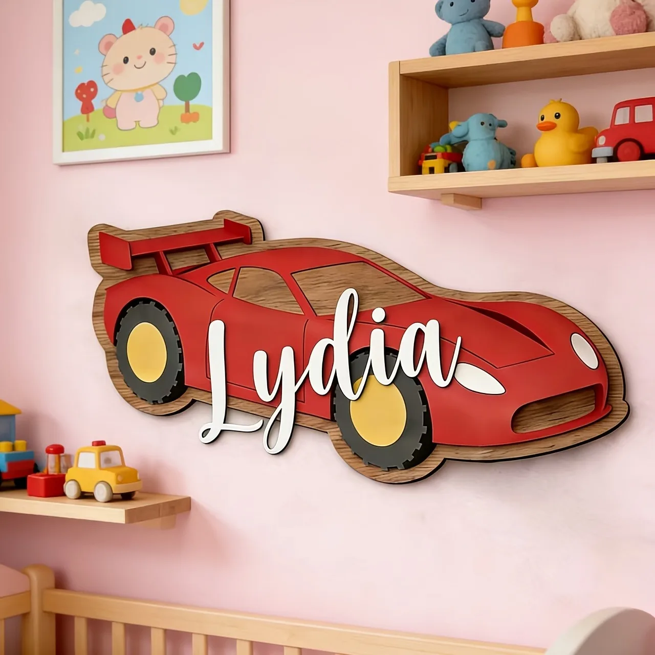 Custom Race Car Wooden Name Sign, Personalized Nursery Wall Decor, Cute Sports Car Plaque for Your Beloved Baby