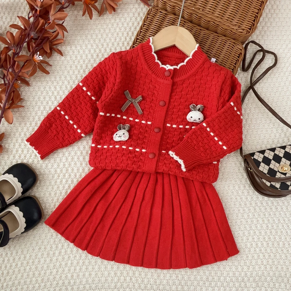 2026 Children's Red Knitted Sweater Two-piece Set Autumn and Winter Girls Clothes Long Sleeved Cartoon Rabbit Bow Cardigan+Skirt