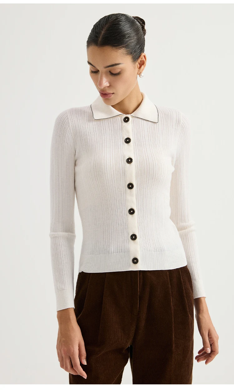 BY3621708 Damen-Strickjacke mit Polokragen, 100% Wolle, strukturiert, gerippt, lange Ärmel, Kragen mit Kettenverzierung, Kunstharzknöpfe, dezenter Luxus für den Herbst – Detail 5