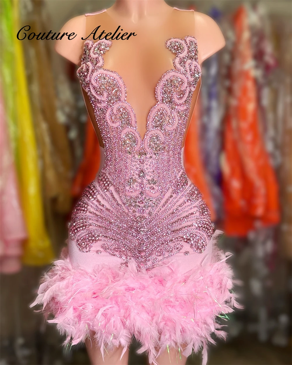 Pretty Pink Feathers Birthday Prom Dresses 2025 Beaded Rhinestones Homecoming Dress Black Girls Mini Cocktail Gown Customized