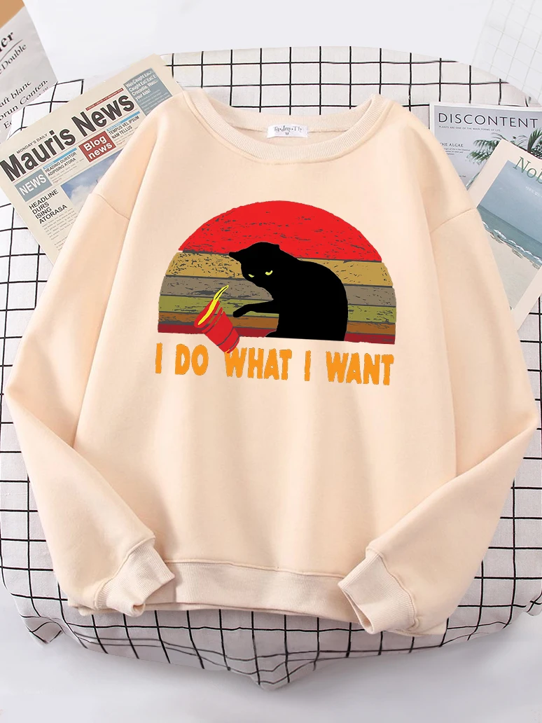 Women Sweatshirt I Do What I Want Cool Black Cat Print Hoodies Woman Oversize Funny Graphic Long Sleeve Round Neck Loose Clothes