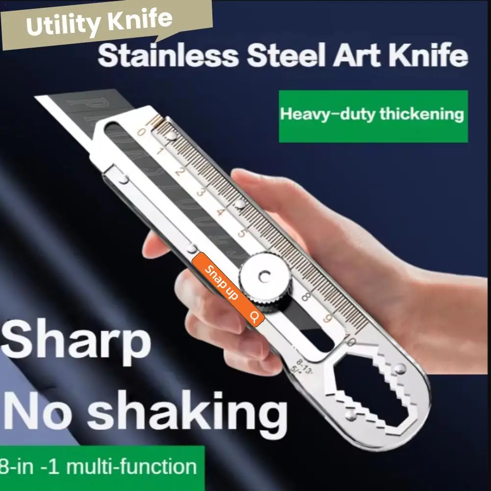 Utility Knife Box Cutter 8-In-1 Spanner Ruler Mutipurpose Stainless Steel Retractable Heavy Duty Waterproof Snap Off Cutter