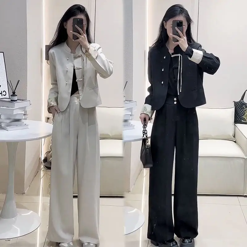 

Insozkdg 2024 Spring Chinese Retro National Style Suit Spring Autumn Disc Buckle Coat + High-waisted Pants Two-piece Set Women