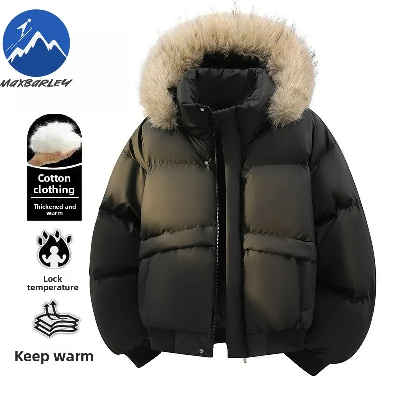 Luxury Mens Padded Jacket Comfort Hiking Travel Thickened Warm PU Coats Premium Detachable Fur Collar Hood Winter Cotton Coat