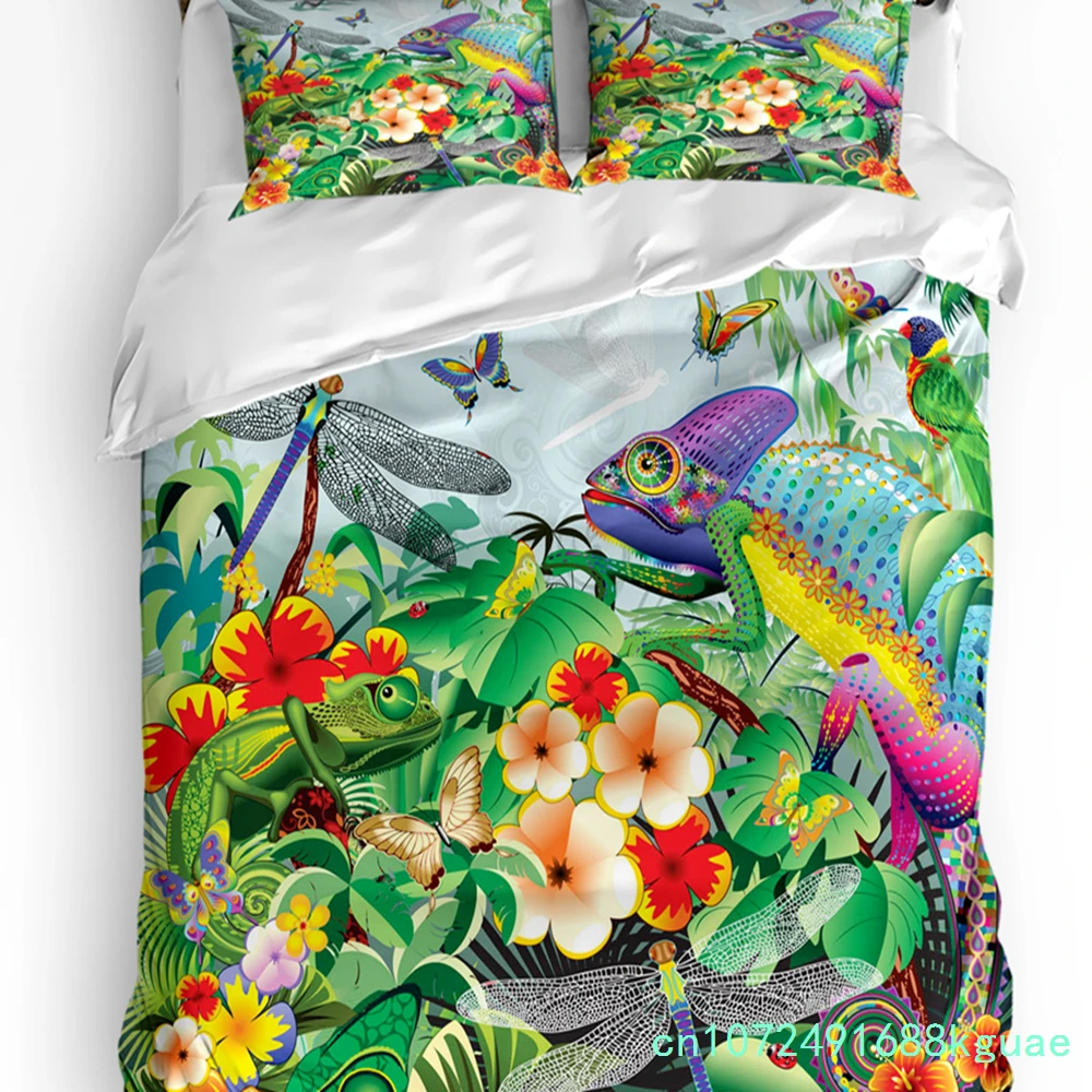 Green Parrot Animal Tropical Plant Flower 3pcs Bedding Set For Double Bed Home Textile Duvet Cover Quilt Cover Pillowcase