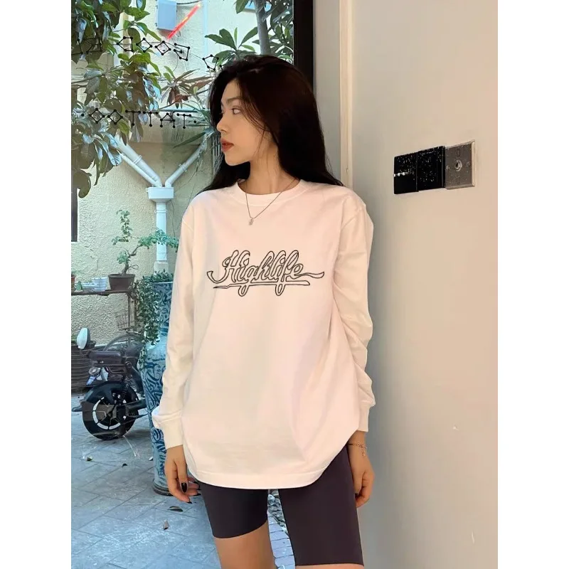 

Basic Long-sleeved New Bottoming Shirt Round Neck Pure Cotton Drawstring Autumn and Winter Casual T-shirt Trendy Women's Top