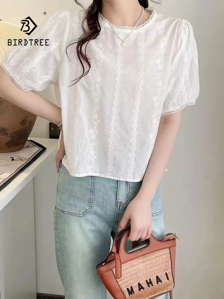 

New Spring Cotton Casual Short Sleeve Shirt Women O Neck Embroidery Lace Tops Girl Loose Fashion Blouses 2024 Summer T45945QC