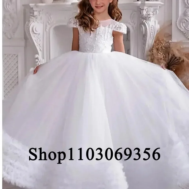 Robe à fleurs blanche pour petite fille, robe de Rh, robe de vacances, longueur au sol, col rond, ligne A, mariage, fête d'anniversaire, petite fille, enfants