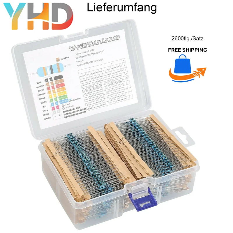300/600/2600PCS 1/4W 1% ตัวต้านทานฟิล์มโลหะชุดกล่อง 1K 10K 100K 220ohm 1M ตัวต้านทาน 30 ชนิด