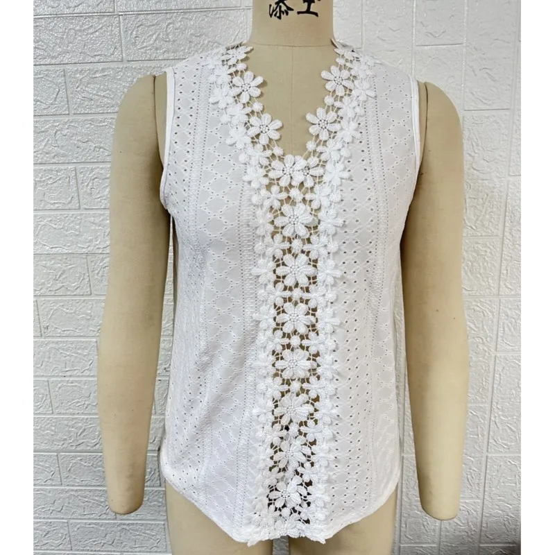 Summer New V-neck Patchwork Hollowed Out Lace Vest Top For Women Elegant Office Lady Sleeveless Solid Color Pullover Shirts