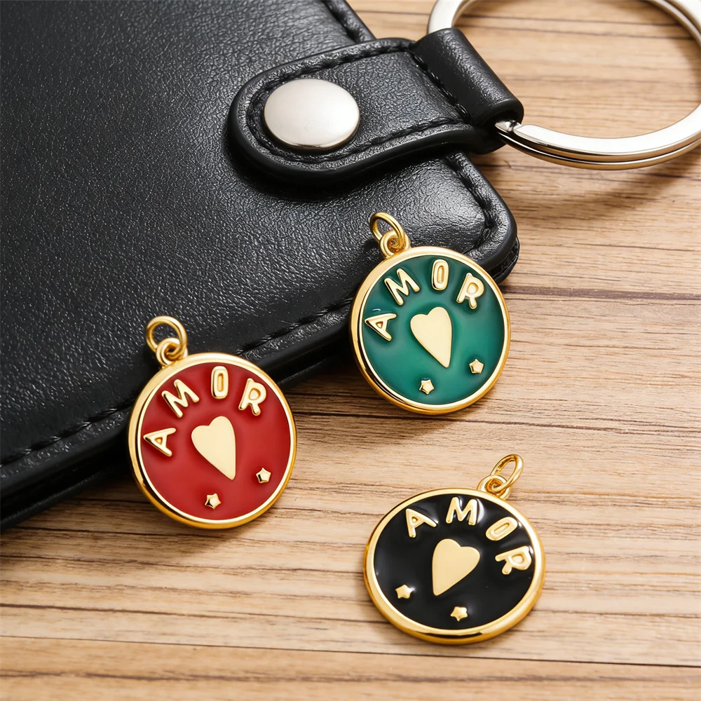 

4Pcs Pendants Brass Plated Enamel AMOR Heart Round Charms for DIY Jewelry Necklace Bracelet Making Accessories for Men Women