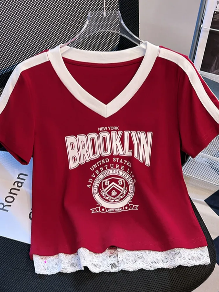 Summer ort Sve V-Ne Lace T-irt Women's Slim Fit  Design Self-Kee Sle Korean Commute Cotton Polyester Blend