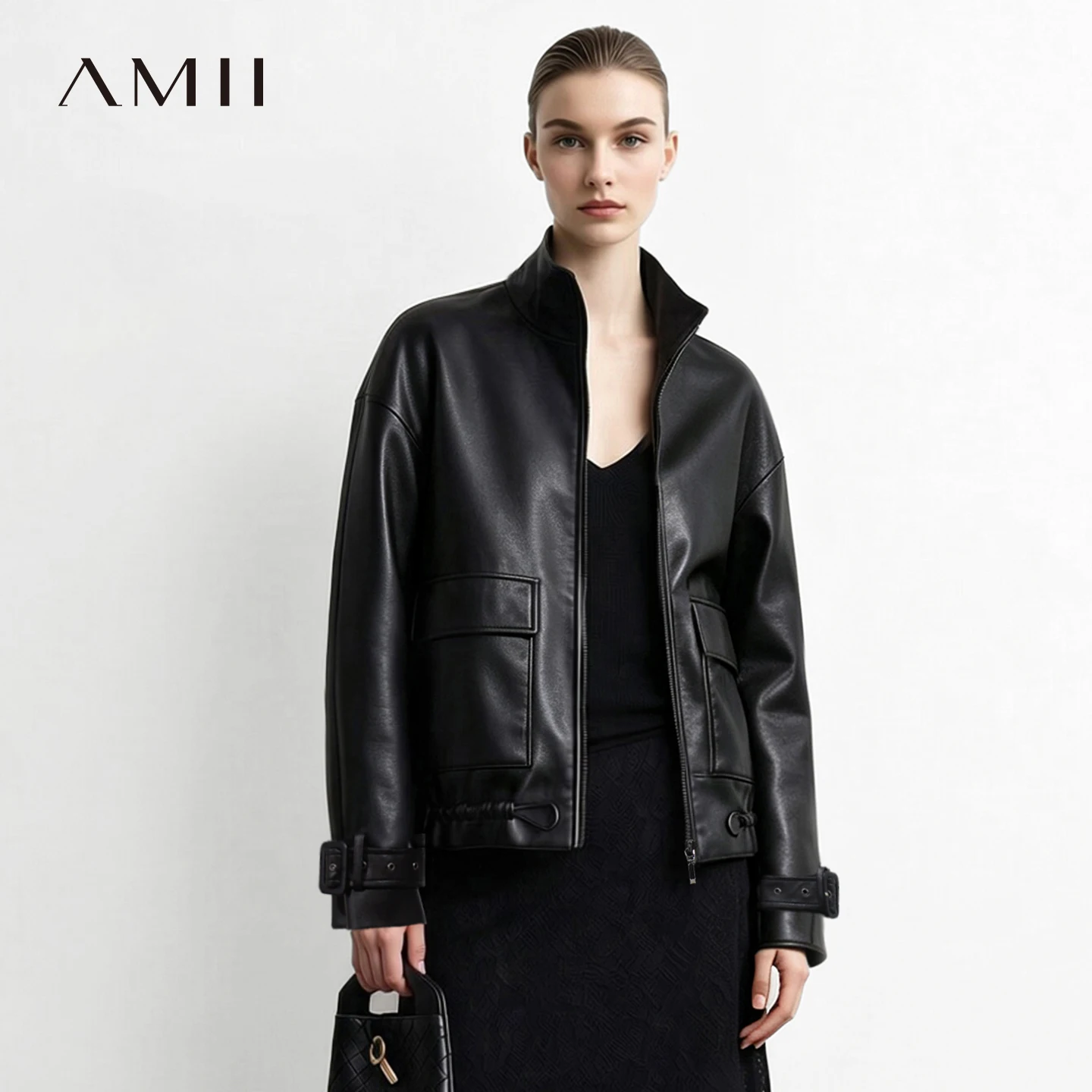 Amii Women's Faux Leather Jacket Turtleneck Drop Shoulder Retro Business Casual Zip Up Cargo Coats 2026 Autumn Jackets 12623135