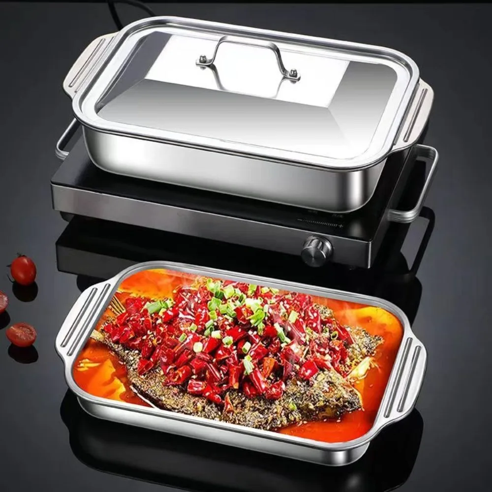 Stainless Steel Grilled Fish Pan with Lid Rectangular Roaster Pan Non-Stick Easy To Clean Oven BBQ Plate Gas Induction Cooker