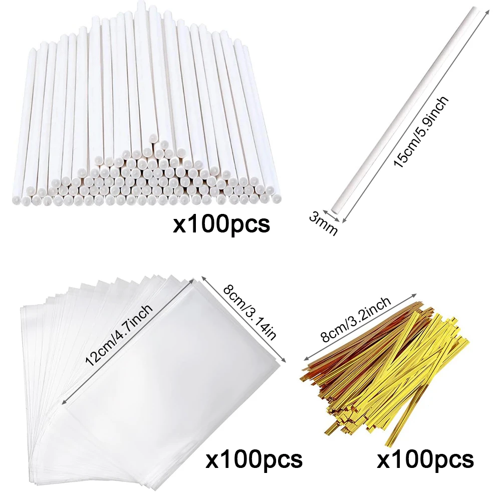 100Pcs DIY Lollipop Sticks Clear Cellophane Bag Kit Cake Pops Paper Sticks for Making Lollipop Candy Chocolate Cupcake Toppers