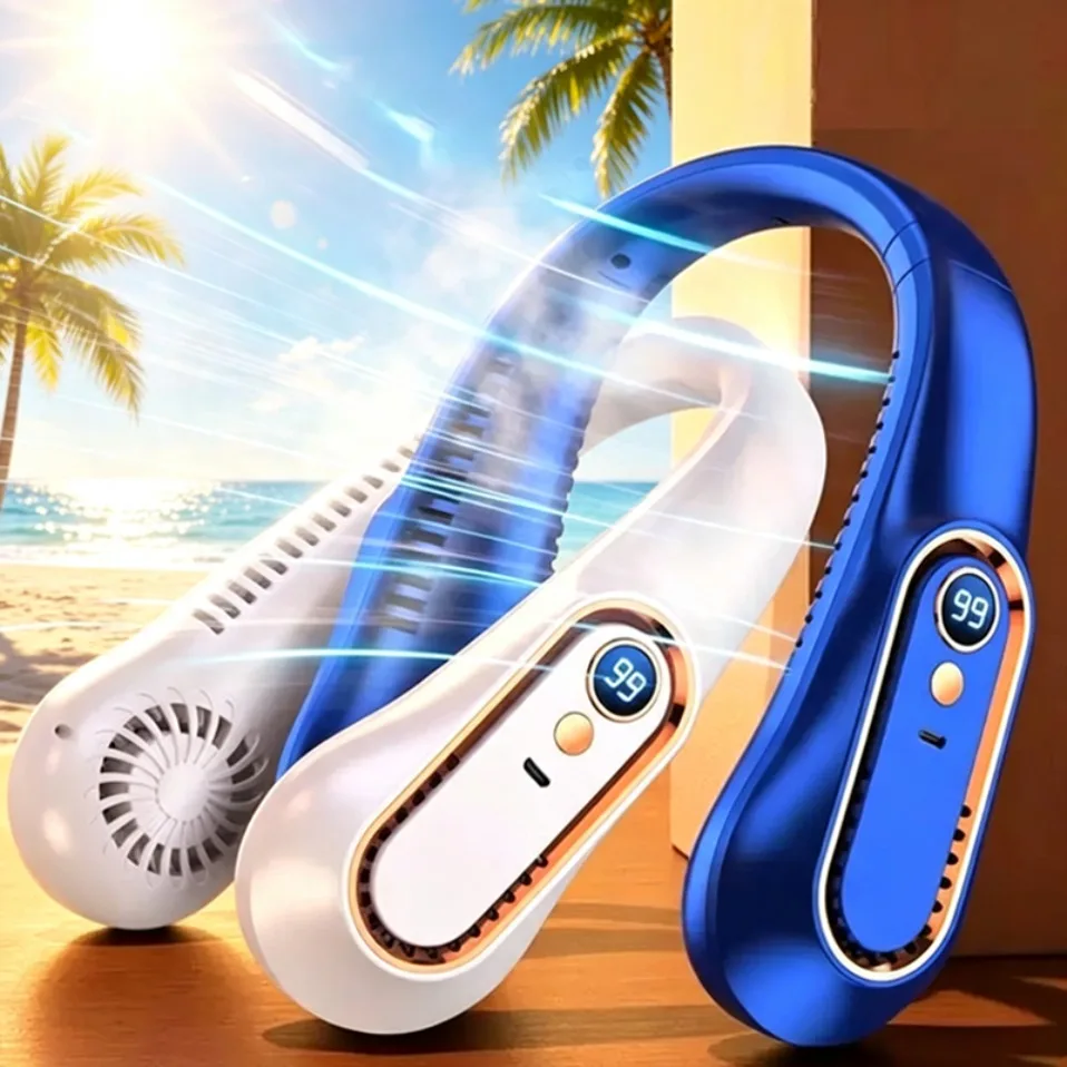 Neck Bladeless Fan Mini Ultra Long Life Portable Lazy Silent Fan USB Charging Student Sports Office Digital Display Power 5 Gear