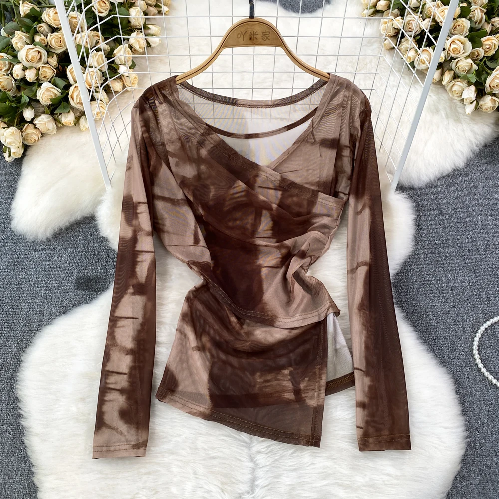 Ragazza piccante a maniche lunghe con scollo a v incrociato cravatta Slim Fit maglia irregolare camicia in Chiffon da donna stile occidentale Top corto estivo