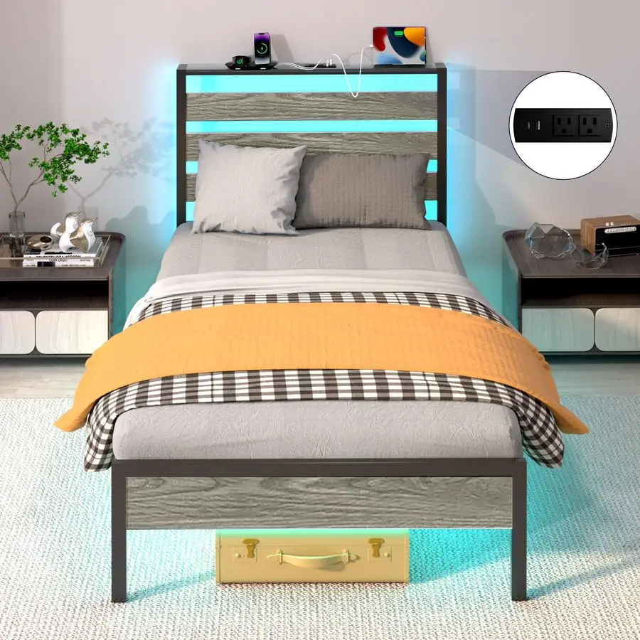 

Twin Bed Frame with LED Lights amp Charging Station, Metal Platform Bed with Headboard, Heavy Duty Metal Slats, No Box Spring N